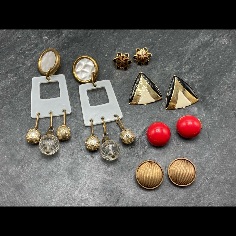 CLIP-ON Women’s Vintage Bundle 5x pairs earrings silver gold cloisonné